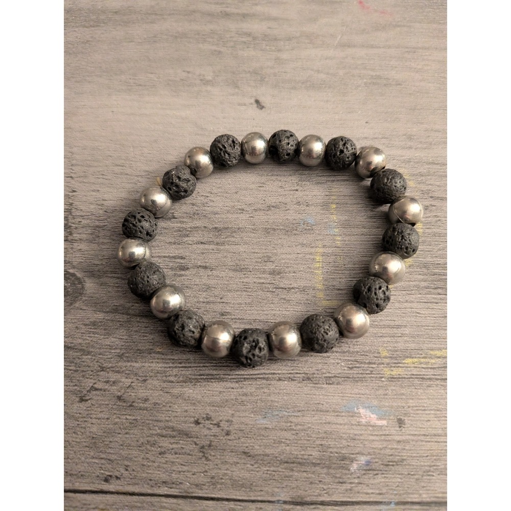 Black Lava Rock and Silver Tone Metallic Bead Stretch Diffuser Bracelet